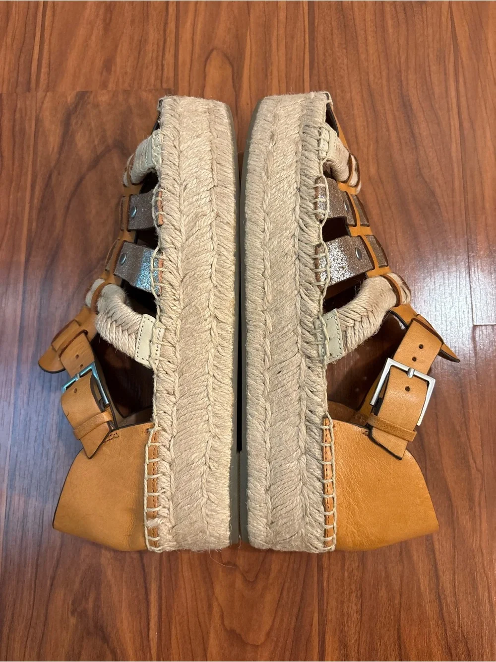 Tory Burch Fisherman Leather Espadrille Platform Sandals Metallic Womens 7